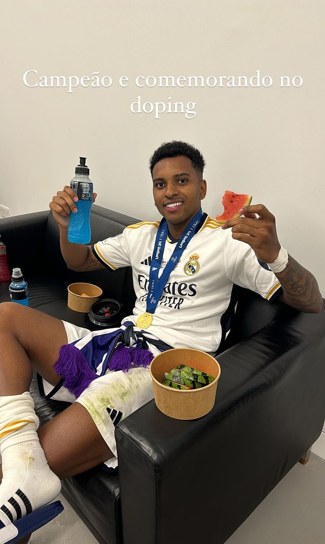 Meanwhile, Rodrygo (pictured) was photographed backstage enjoying himself, sitting with a Powerade and some fruit.