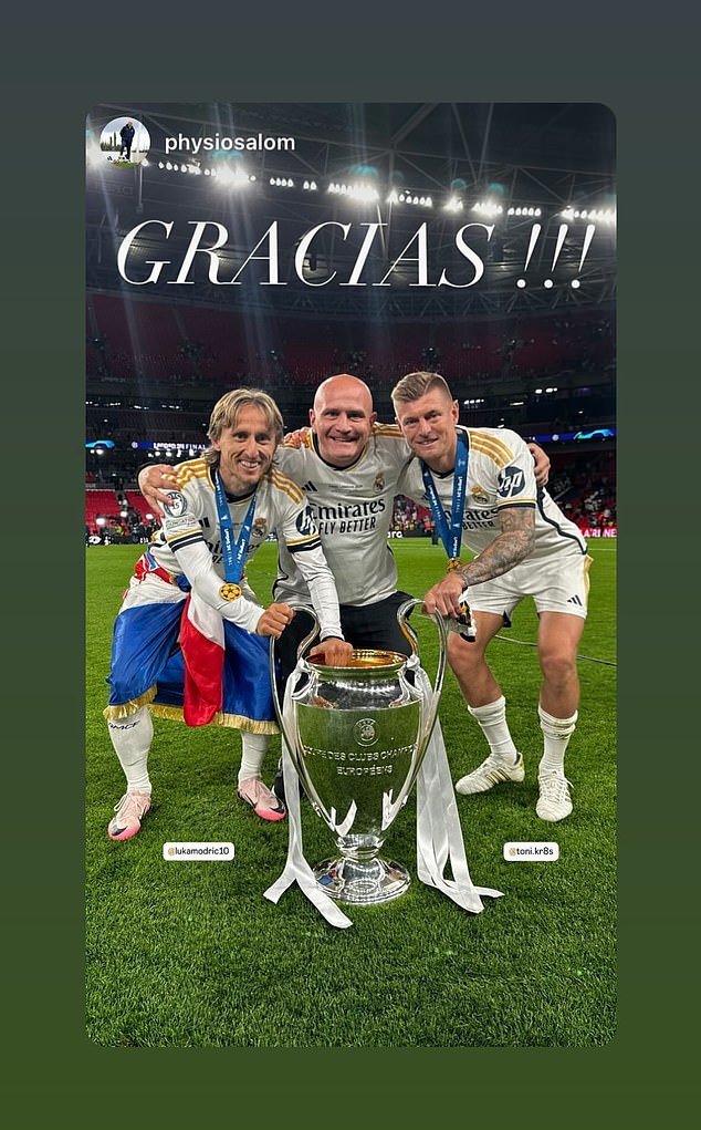 Toni Kroos (right) also shared a photo of himself and Luka Modric (left) with the trophy.