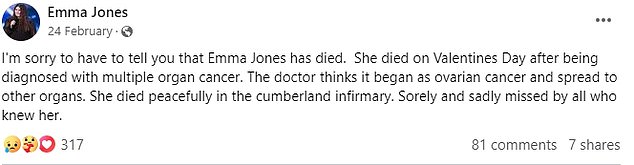 However, Emma, ​​who was from Wigton in Cumbria, sadly passed away in February this year after a post on her Facebook page shared the heartbreaking news.