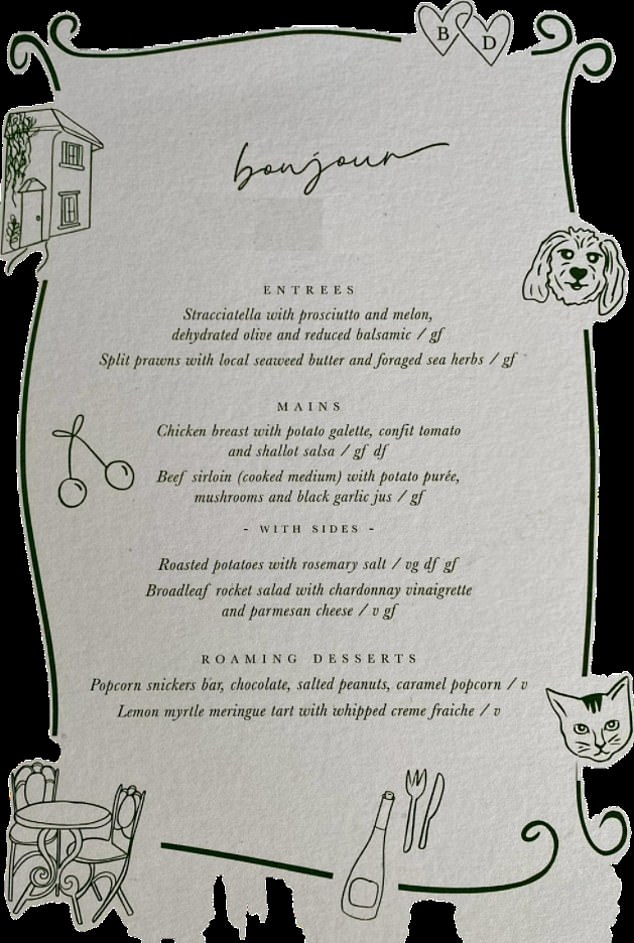 Pictured: The menu from Brittany Higgins and David Sharaz's Gold Coast wedding.