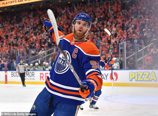 McDavid celebrates his goal in the first period of Sunday's victory over the Dallas Stars