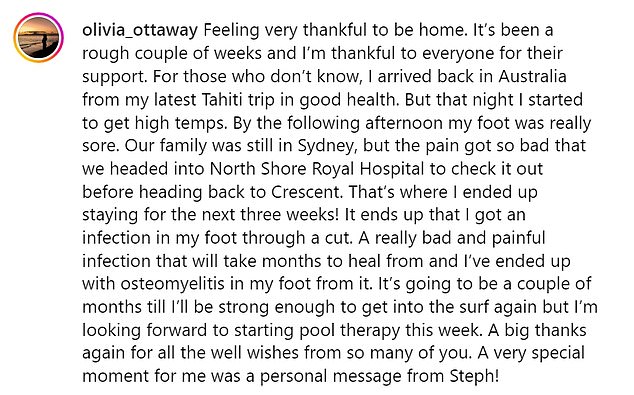 The young surfer sent this message to her friends, family and followers.