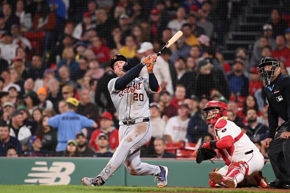 May 30, 2024; Boston, Massachusetts, United States; Detroit Tigers first baseman Spencer Torkelson (20) hits a foul ball against the Boston Red Sox during the seventh inning at Fenway Park. Mandatory Credit: Eric Canha-USA TODAY Sports