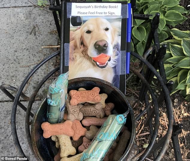 The furry neighbor, Sequoyah, had a box of gifts and a book of birthday wishes.