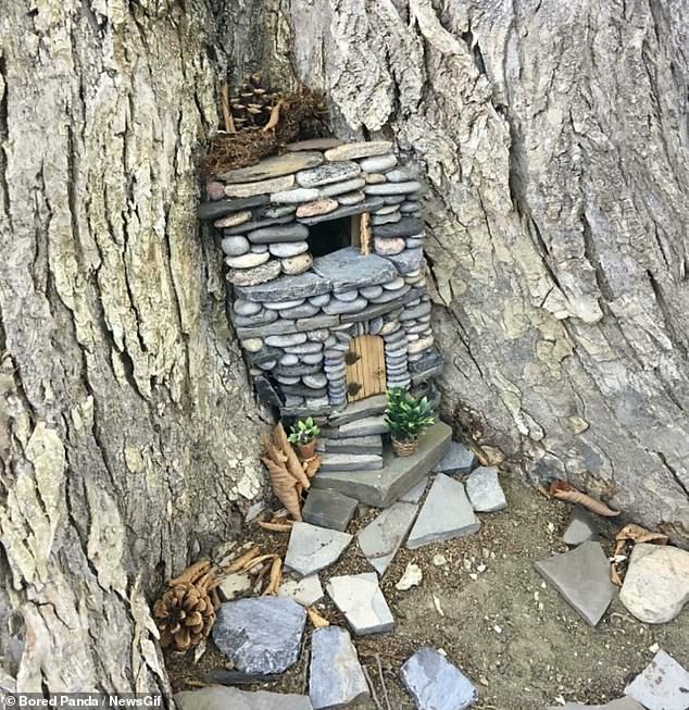 An adorable makeshift house built into a tree. Maybe a good place for a fairy family.