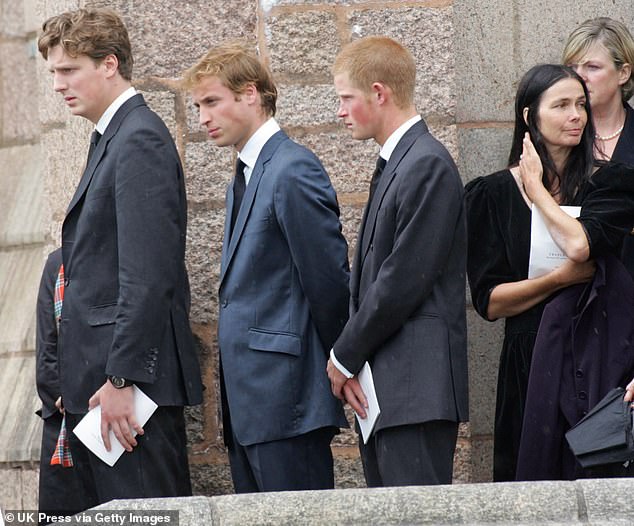 Prince William (second left) and Prince Harry (center) attending his grandmother's funeral, June 10, 2004.