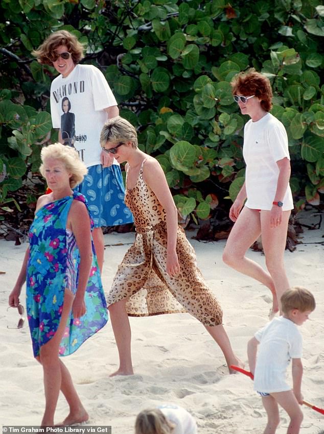 Frances (left) photographed on a Necker Island beach in 1990 with her daughters Princess Diana, Lady Jane Fellowes and Lady Sarah McCorquodale.