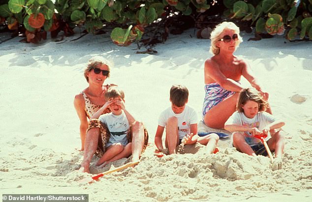 Frances photographed on vacation with Princess Diana (left), Prince Harry and Prince William on Necker Island in 1990.