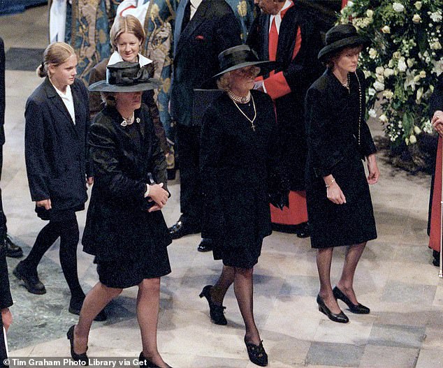 Frances (centre) pictured at Princess Diana's funeral at Westminster Abbey with her daughters Jane (left) and Sarah (right).