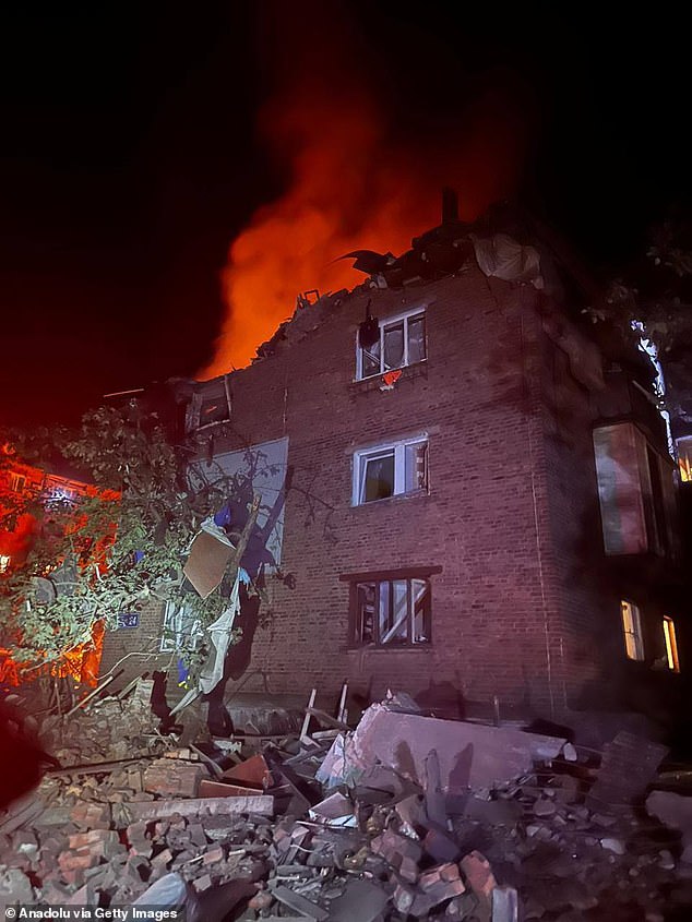 A view of the damaged residential area after the Russian S-300 missile attack hit Kharkiv, Ukraine, May 31, 2024.