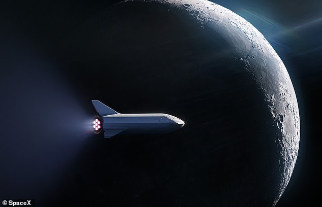 SpaceX's Starship rocket is shown here during its trip around the Moon. When Starship is finally ready, Elon Musk hopes it will transport people to the Moon and Mars.