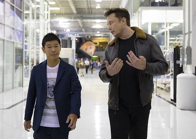 Yusaku Maezawa, who made money through the fashion industry, launched plans for the lunar trip in 2018, purchasing all the seats on the spacecraft. He is pictured with SpaceX CEO Elon Musk.