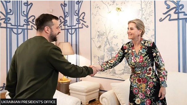 Sophie, 59, recently became the first member of the Royal Family to visit war-torn Ukraine. Pictured with President Zelensky