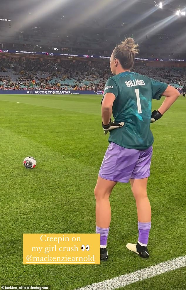 Jackie shared a video of Mackenzie warming up before the game with some practice shots while putting on her goalkeeper gloves and Matildas kit.