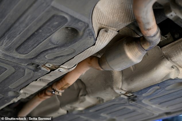 A stock image of a close-up of a catalytic converter in the exhaust system of a car.