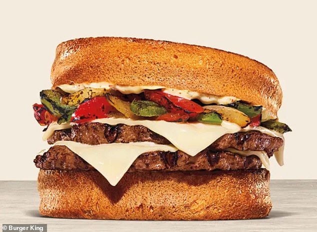 The Philly Melt includes two slices of Swiss cheese, peppers, onions and sauce with two Whopper Jr burgers on toasted buns.