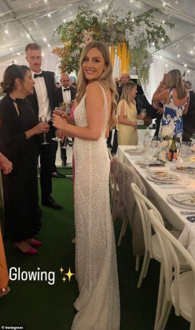 The newlywed Jessica Davies wore a beaded wedding dress with a plunging neckline.