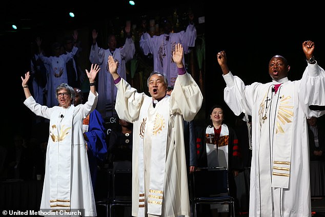 The United Methodist Church, a global denomination of Protestantism based in the United States, made the decision at a conference in North Carolina in early May. (Pictured: three UMC bishops)