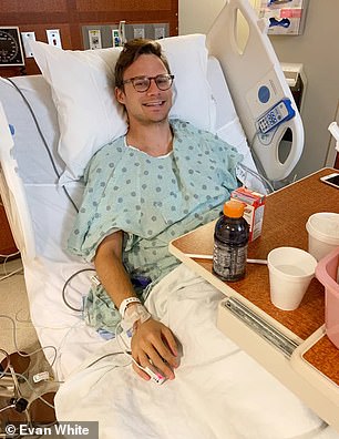 Evan White is pictured above with his fiancée Katie Briggs and their dog Lola. The couple began dating when Evan had cancer and became engaged when his condition stabilized. However, he died after four years fighting the disease.