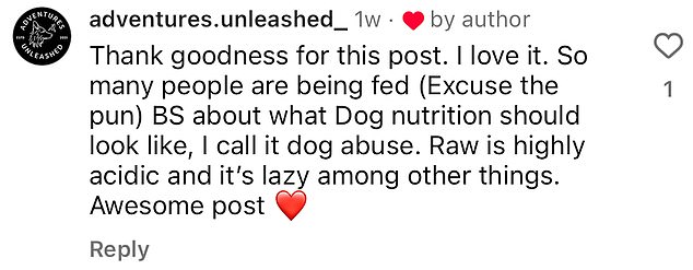 But viewers were left bitterly divided by the advice as one person wrote: 'Hmmmm ok. Raw meat works very well for our dogs, but yes, the risks of bacteria must be taken seriously.'