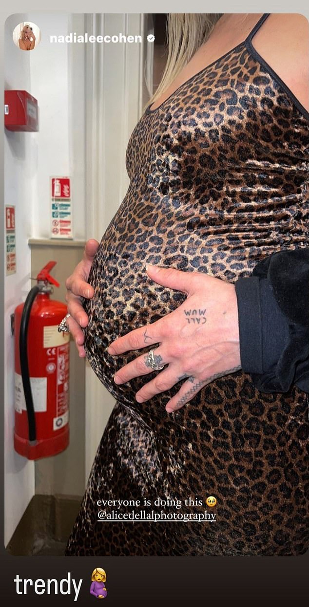 Alice, younger sister of shoe designer Charlotte Olympia Dellal, shared a photo online of herself cradling her baby bump in a leopard-print dress.