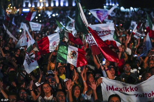 The magnitude of the advances of the Morena party and its allies took the markets by surprise. Crowds of flag-waving supporters celebrated Sheinbaum's victory (pictured)