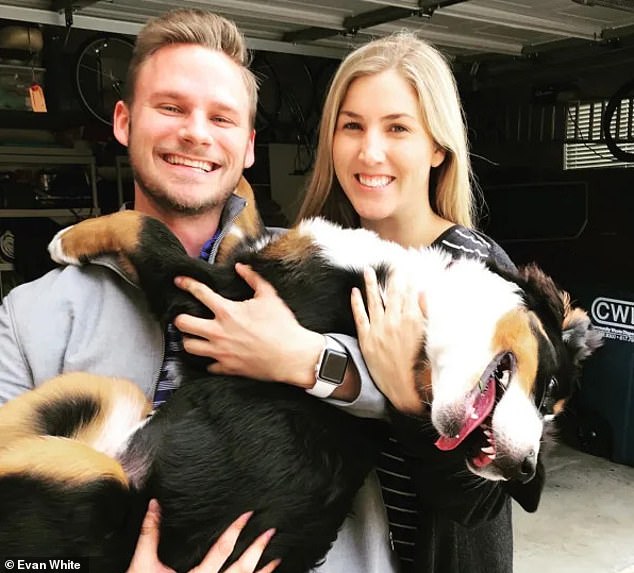 Evan White is pictured above with his fiancée Katie Briggs and their dog Lola. The couple began dating when Evan had cancer and became engaged when his condition stabilized. However, he died after four years fighting the disease.