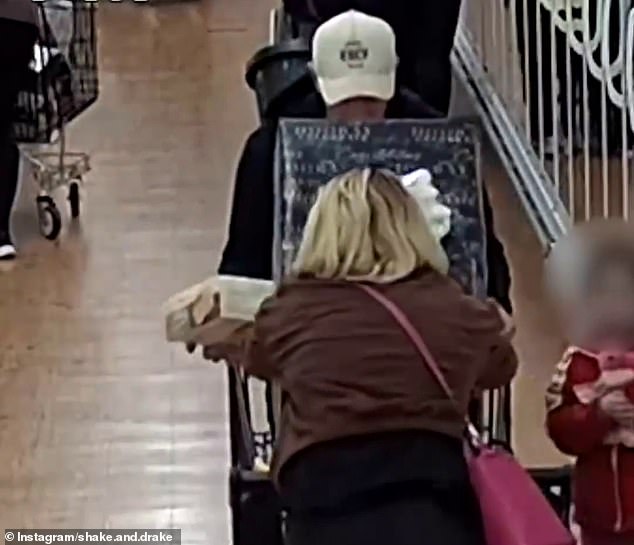 The pair were seen on CCTV footage swapping their trolleys after the woman placed the large gift (pictured) on top of another trolley containing several packages of meat.