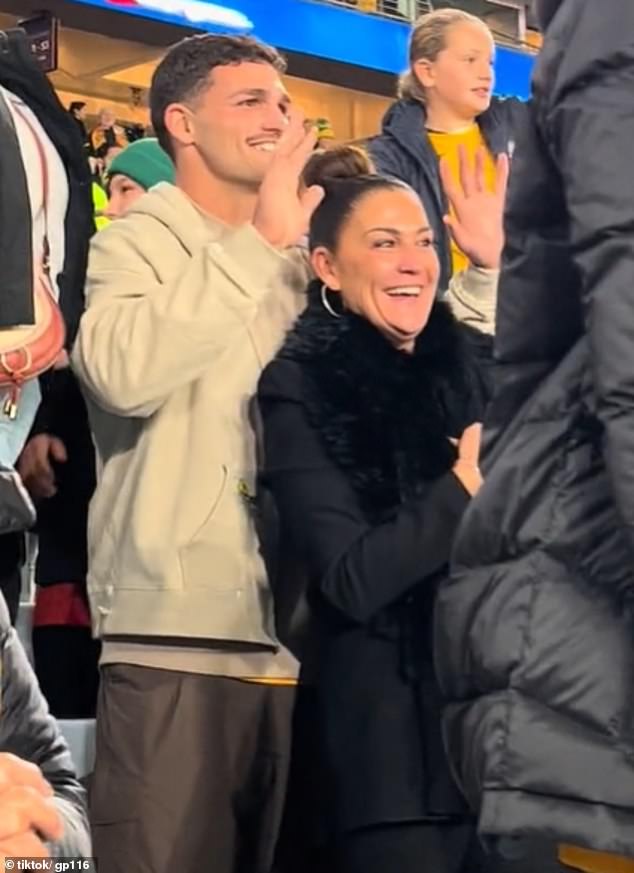 Her NRL superstar boyfriend Nathan Cleary was seen in the crowd cheering her on with his mother Rebecca (pictured together) as Fowler greeted him.