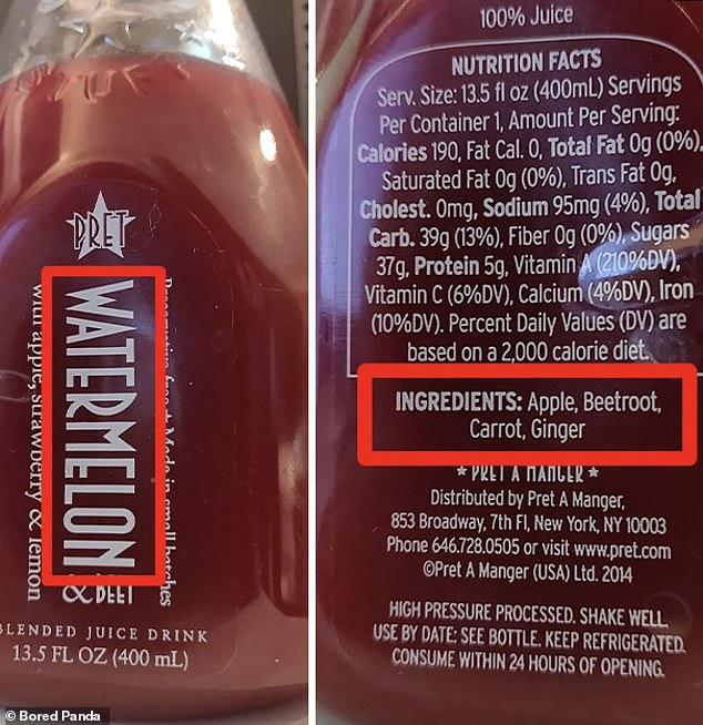 Elsewhere, someone bought a watermelon and beetroot juice from British brand Pret, only to realize that watermelon was not listed among the ingredients.