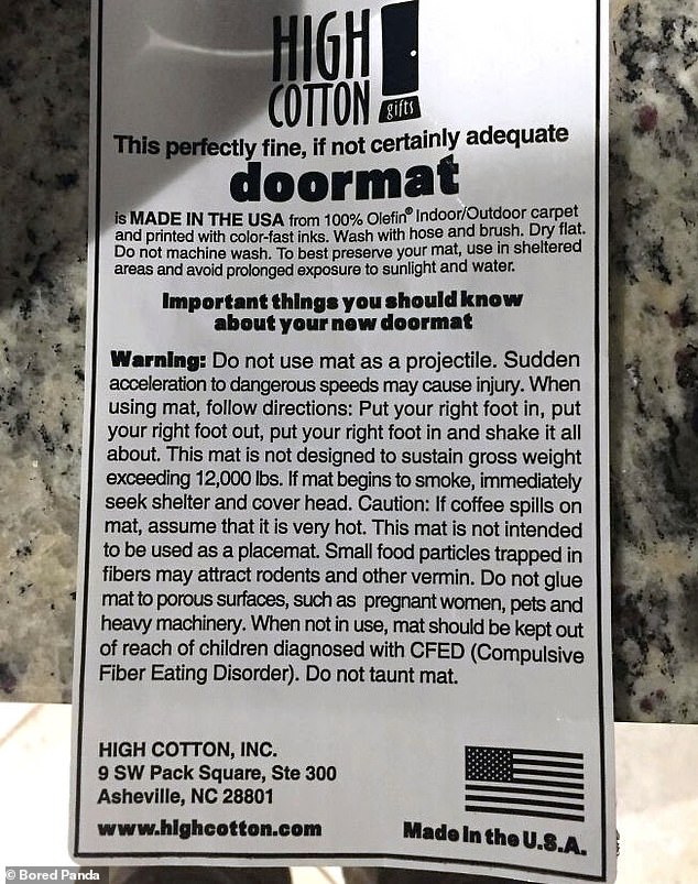 Meanwhile, a doormat in the US came with a long list of warnings, including 