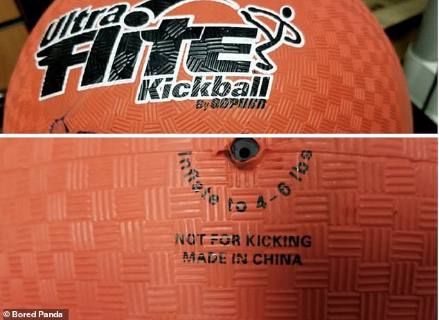 Elsewhere, a 'kicking ball' had a warning that, ironically, said 'not for kicking' in small print.