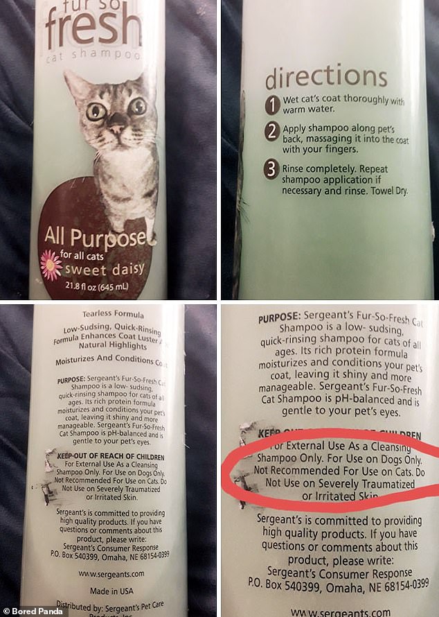 Meanwhile, a US cat shampoo, which had a picture of a feline on the bottle, specifically warned against use on cats in the fine print.