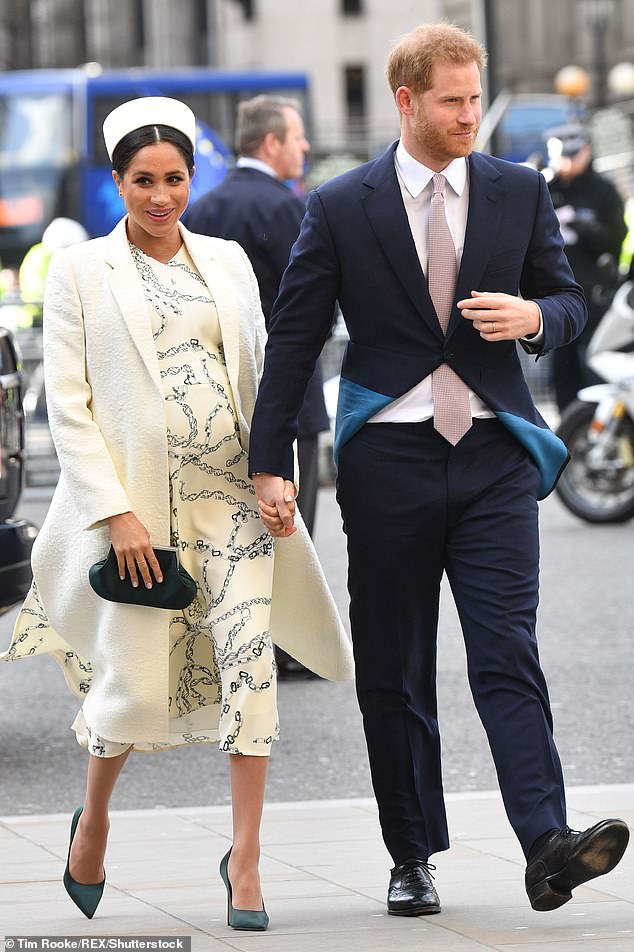 Victoria produced a custom-made white robe and dress for Meghan in 2020, which she wore during her final appearance at Westminster Abbey in March of that year (pictured).