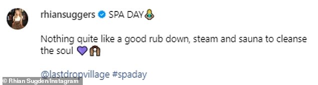 Captioning the snap, she wrote: 'SPA DAY. Nothing like a good massage, steam and sauna to cleanse the soul'