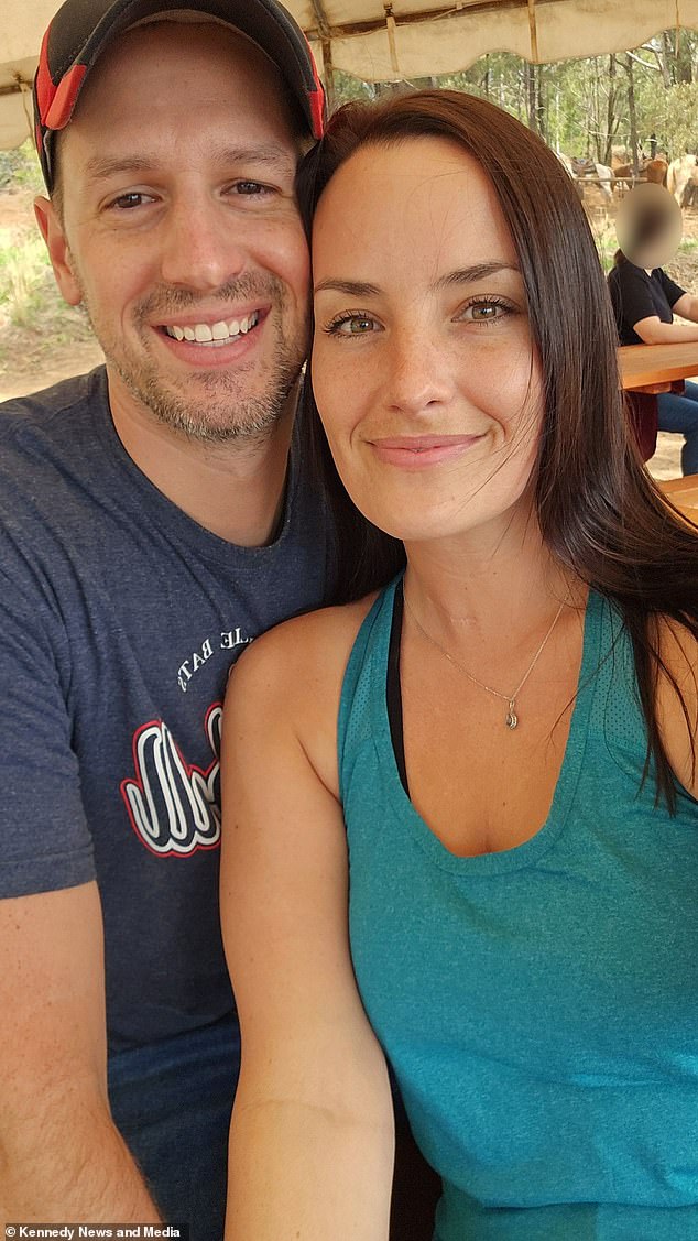 Jessica could barely breathe or swallow whole foods - she lost six pounds in less than a week due to the foreign object secretly hiding in her throat (pictured with husband Jason Doster, 36).