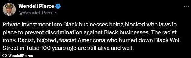 The actor also brought up what he considered equally dark moments in black history, including the Black Wall Street fire in Tulsa.