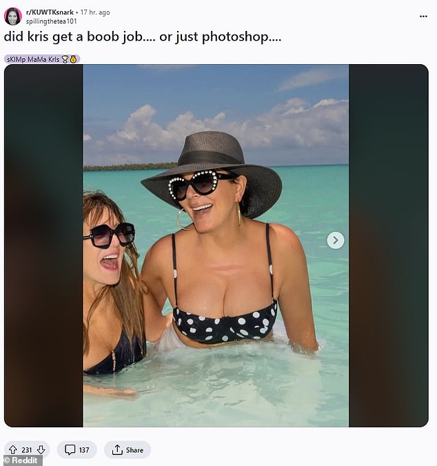 But fans were immediately suspicious of the photo and speculated that the mother-of-six had edited her figure, with one taking to Reddit to post the photo with the caption: 'Did Kris get a boob job...or did she just Photoshop it?' ? ...?'