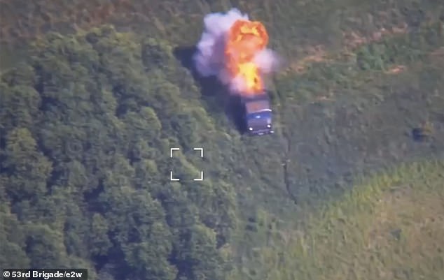 Aerial drone footage shows how the military column dispersed after the first attacks, but Ukrainian drone operators pursued the dispersed vehicles.