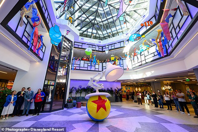 Juliet's TikTok video reveals the hotel's colorful entrance. A massive Pixar Lamp sculpture takes center stage (pictured)