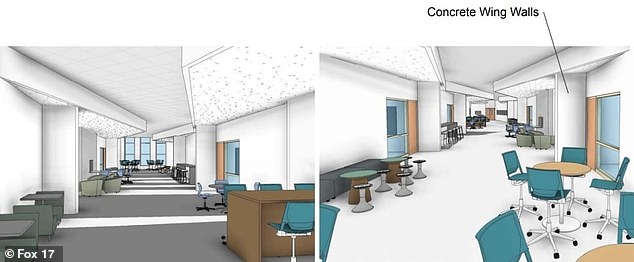 The once straight-line hallways curve to reduce the shooter's line of sight and 'wing walls' just to the sides provide cover for police and students.