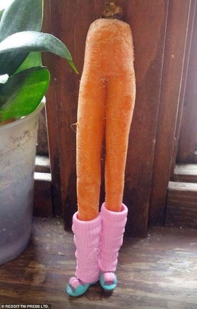 Elsewhere, an anonymous individual decided to have fun with his oddly shaped vegetable, dressing up the orange item with what appeared to be legwarmers and doll-sized heels.