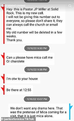 The messages show Miller texted Sierra telling her he was on his way to her house, where Mica was staying in November 2022.