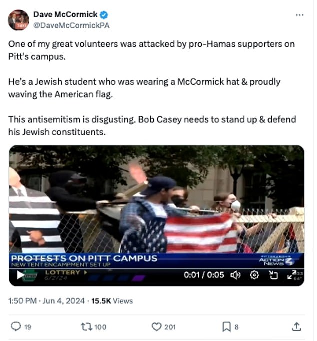 Pennsylvania Republican Senate hopeful Dave McCormick shared the video showing Jewish Pitt student and campaign volunteer Reuben Rochkind wearing a McCormick hat and holding an American flag before he was attacked on Sunday.