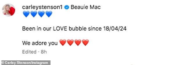 They wrote in the caption of the image that showed them leaving the hospital: 'Beauie Mac Been in our bubble of LOVE since 04/18/24 We adore you'