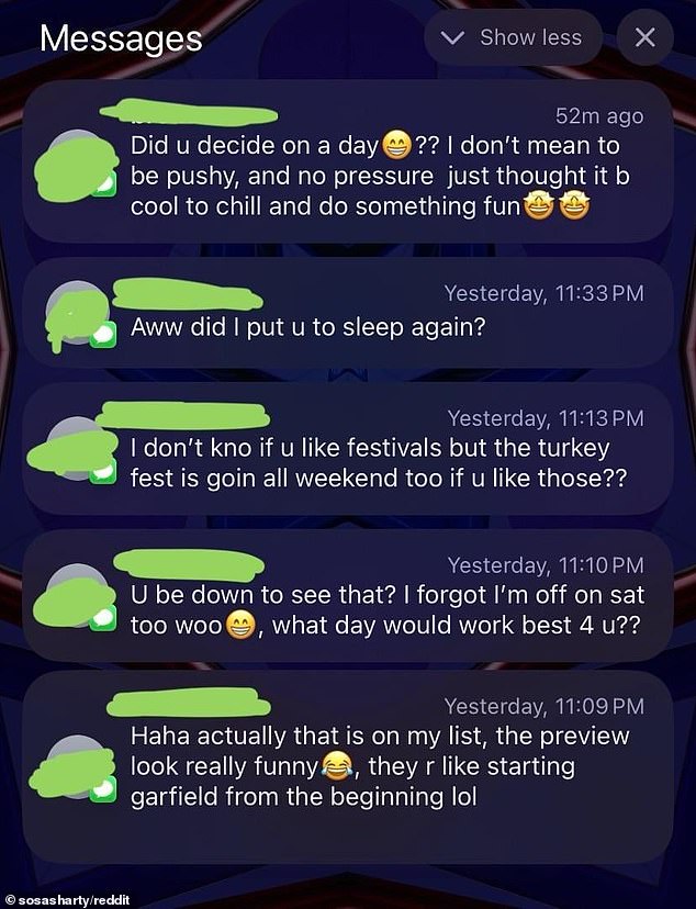 When the worker didn't respond, her boss sent another text message at 11:33 pm saying: 'Aww, did I put you to sleep again?' The next morning she texted again.