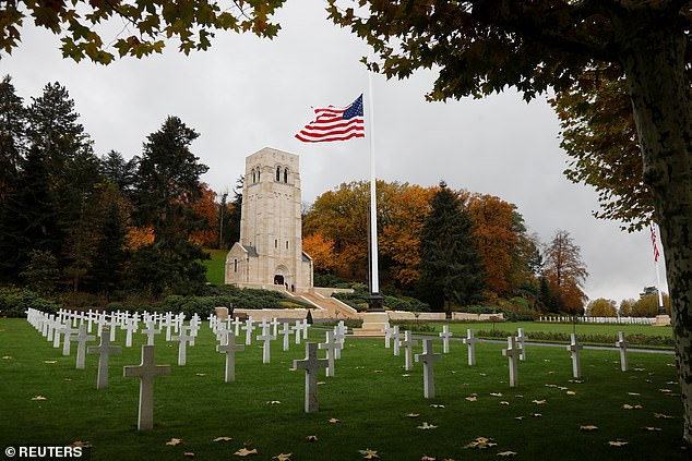 The American flag flies at the Aisne-Marne American Cemetery dedicated to American soldiers killed at the Battle of Belleau Wood during World War I.