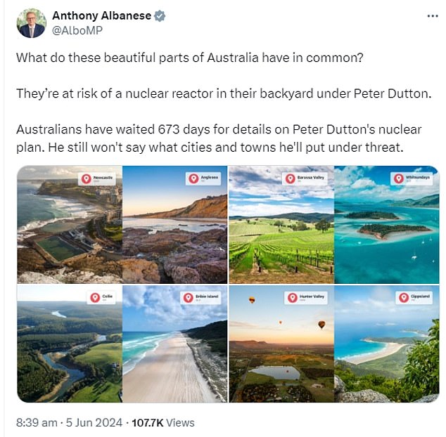 Albanese denounced opposition leader Peter Dutton's nuclear plan on social media platform X, formerly Twitter, on Wednesday.