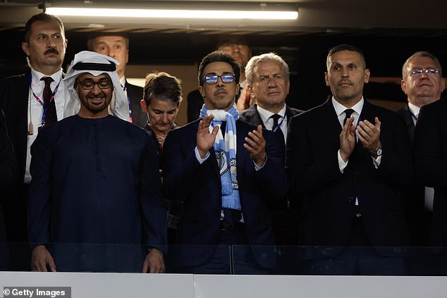 Manchester City owner Sheikh Mansour (centre) pictured alongside President Khaldoon Al Mubarrak (right) in 2023.