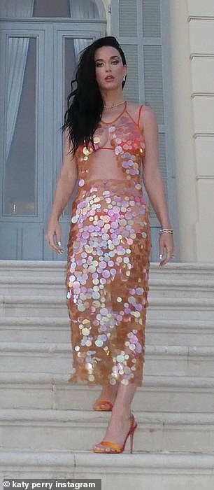 She also donned a sheer sequined top, which showed off her toned midriff, and the matching midi skirt over her swimsuit for close-up photos outside the hotel.